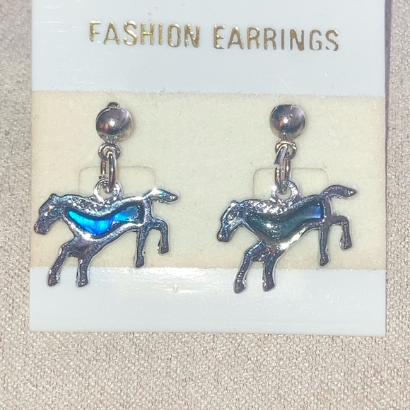 Jewelry - Silver Tone and Blue Abalone Horse Earrings